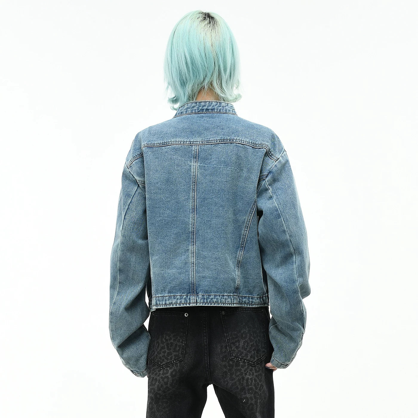 OV original American high street vintage washed denim jacket for women's autumn deconstruction cutting short style slimming stand up collar jacket