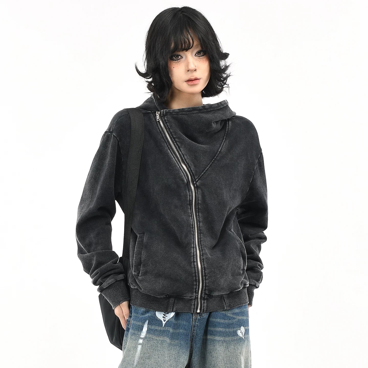 OV original American retro vintage washed short hooded sweatshirt for women in autumn, loose diagonal zipper cardigan jacket trendy