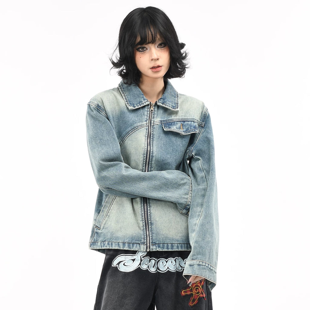 OV original American deconstruction splicing washed denim jacket for women's autumn street loose casual short jacket