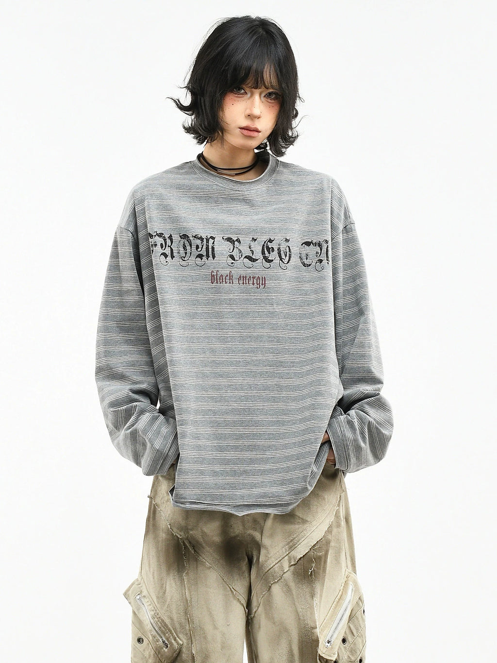 OV original/American retro striped letter printed long sleeved T-shirt for women's spring loose couple casual base top