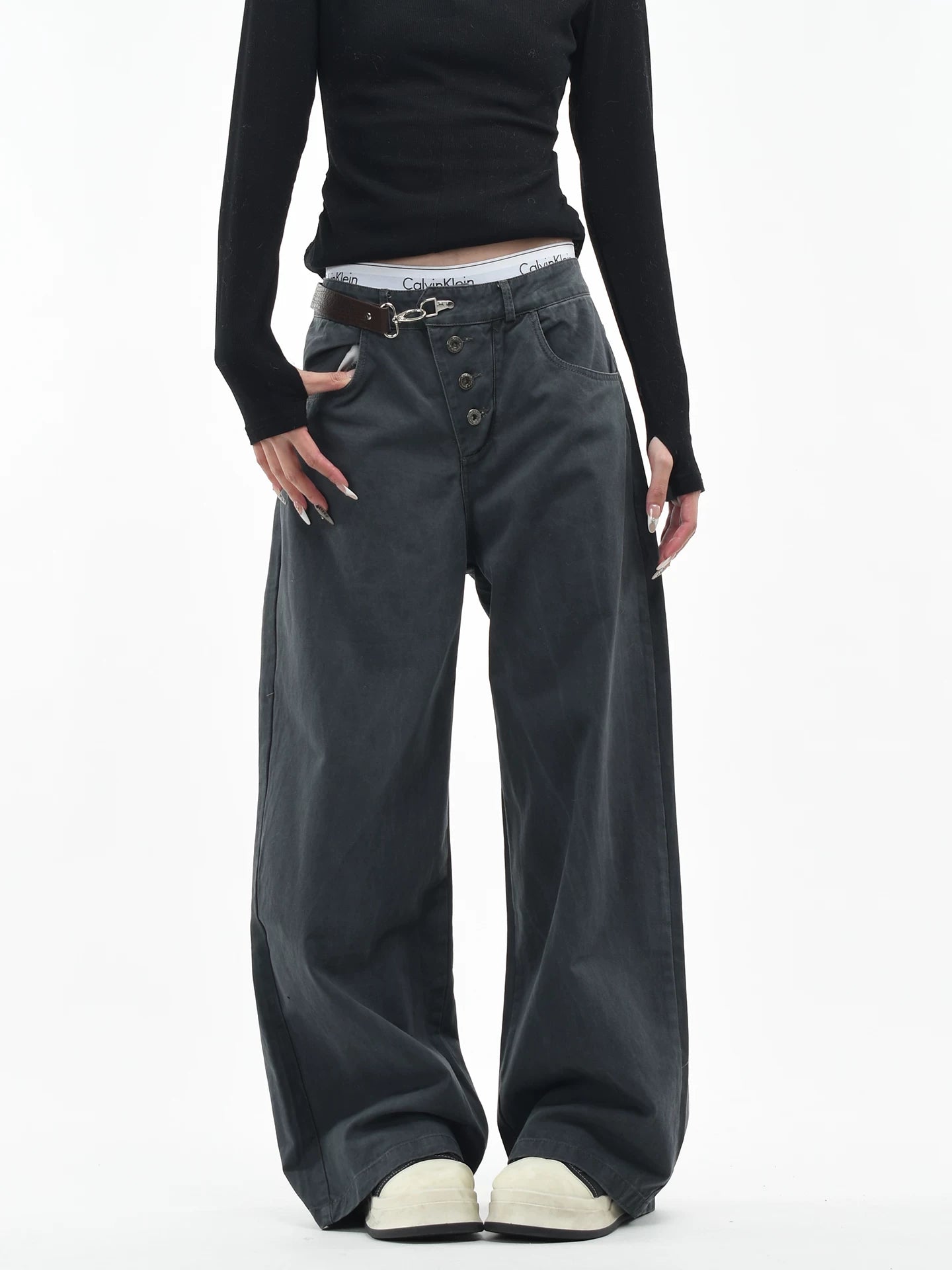 OV original American retro buckle design washed work pants for men and women niche design loose wide leg casual pants