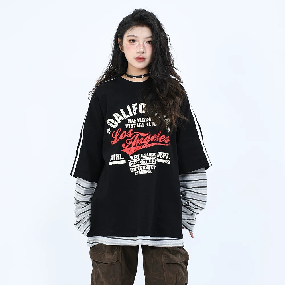 OV Original/Spring New American Retro Stripe Splicing Fake Two piece Long sleeved T-shirt for Men and Women Loose Couple Top