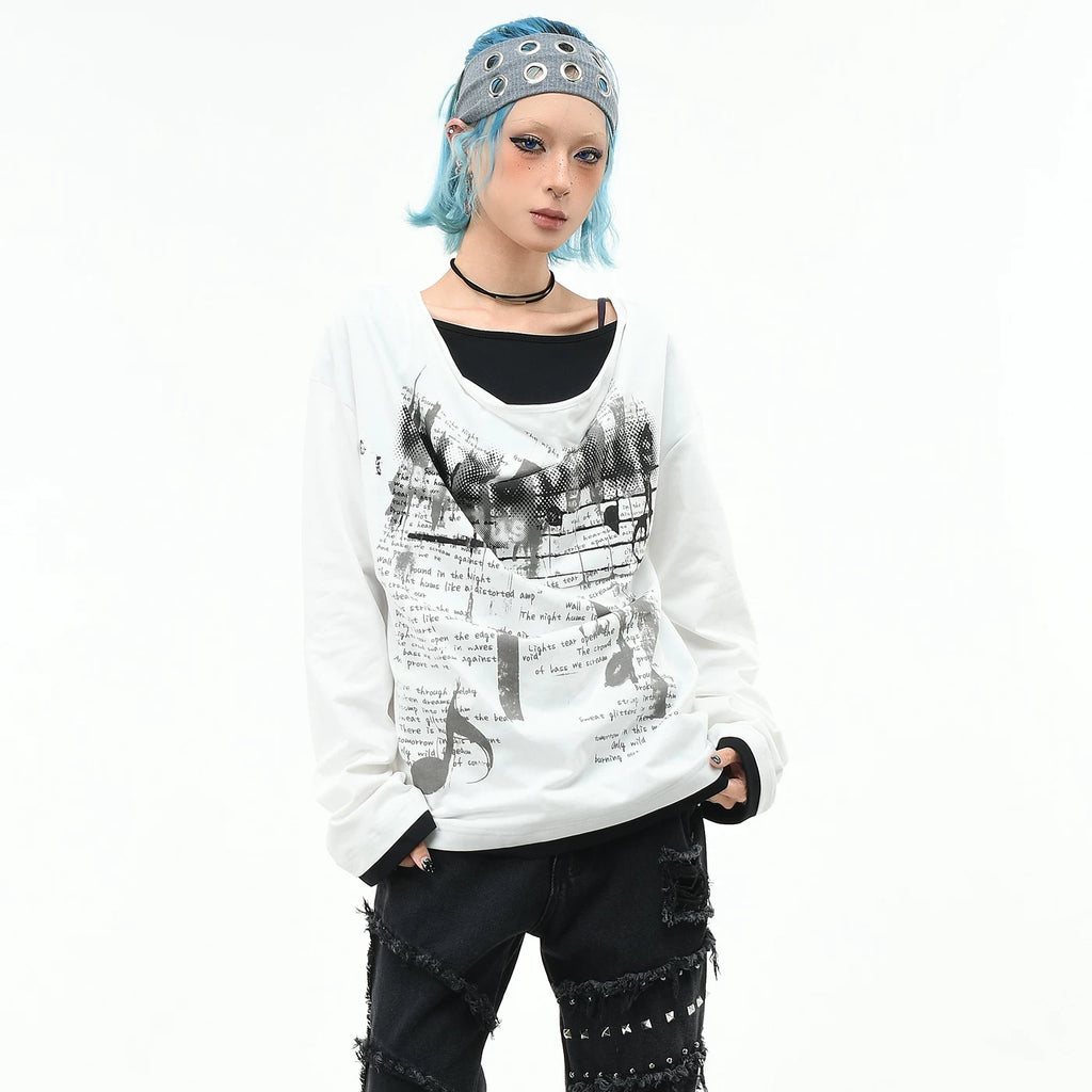 OV original/punk Abi style musical note printed long sleeved T-shirt for men and women autumn loose pile collar fake two-piece top