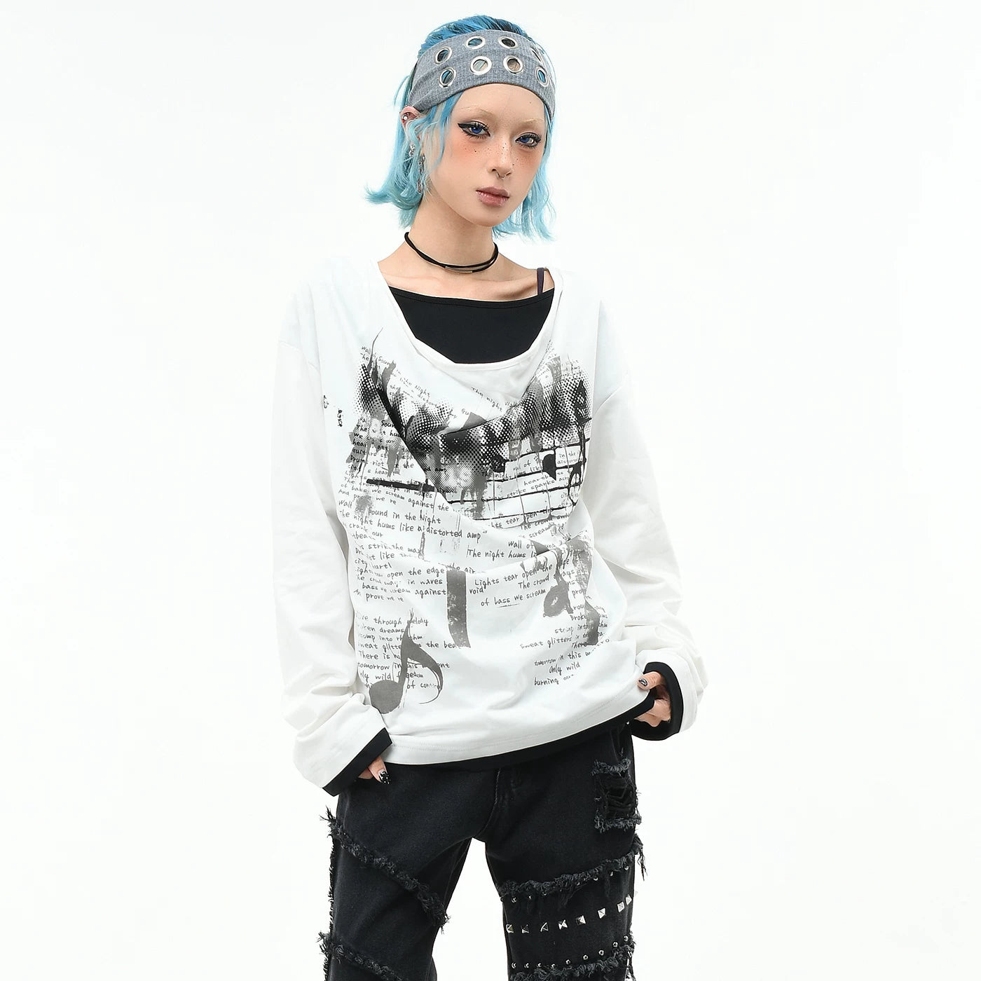 OV original/punk Abi style musical note printed long sleeved T-shirt for men and women autumn loose pile collar fake two-piece top