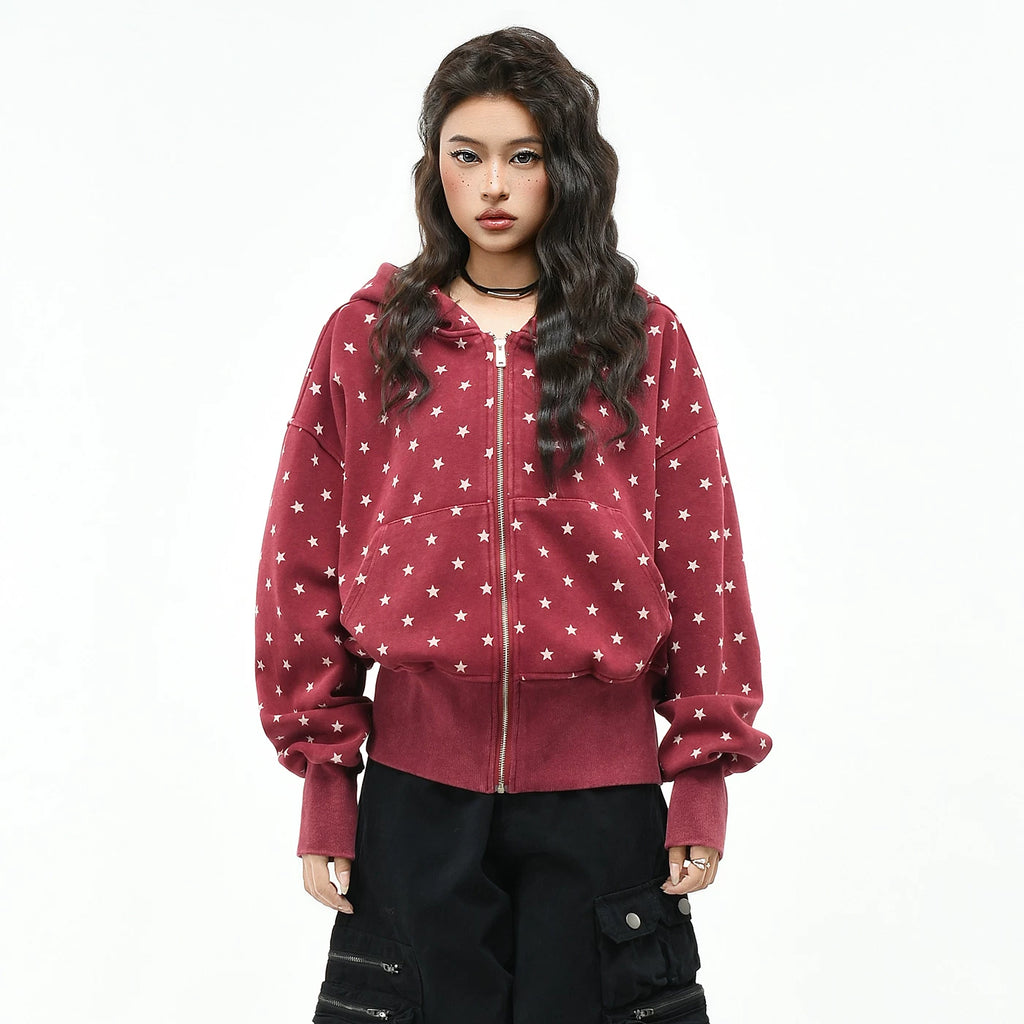 OV Original Retro Star Full Print Vintage Waist Hoodie Women's Autumn Loose Short Zipper cardigan Coat