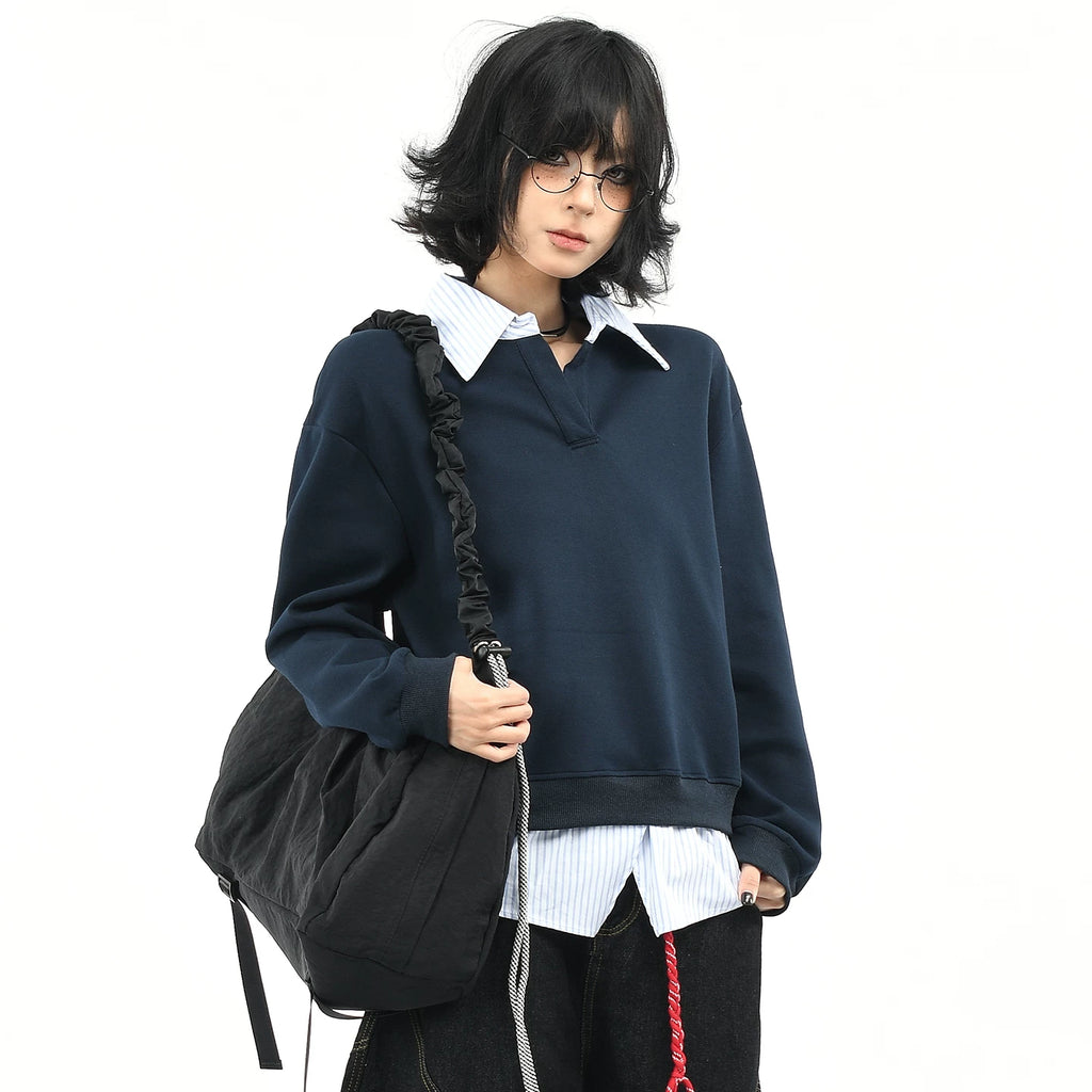 OV original American college style fake two-piece striped patchwork lapel sweatshirt for women's autumn loose casual long sleeved top