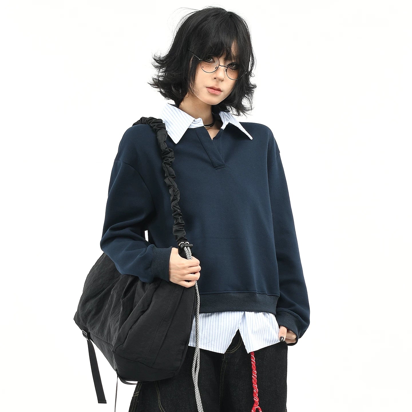 OV original American college style fake two-piece striped patchwork lapel sweatshirt for women's autumn loose casual long sleeved top
