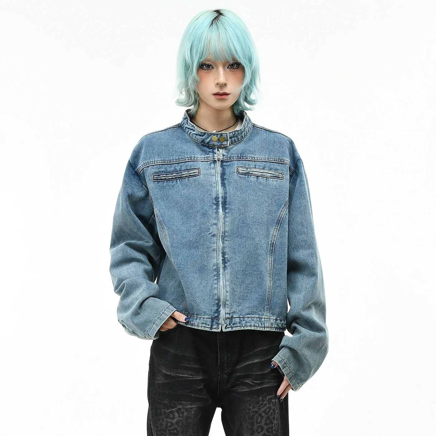 OV original American high street vintage washed denim jacket for women's autumn deconstruction cutting short style slimming stand up collar jacket