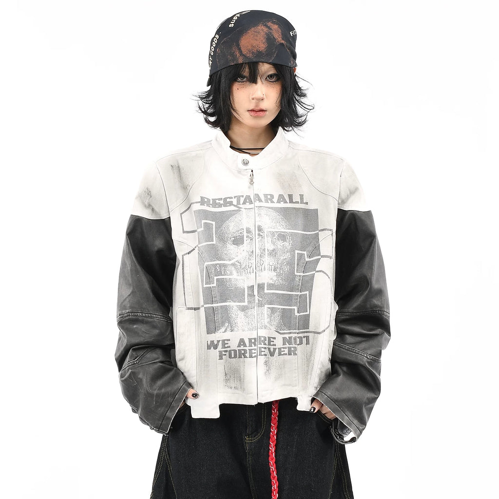 OV original American retro skull print motorcycle racing jacket for women, autumn short style, cool and dirty dyed jacket for men
