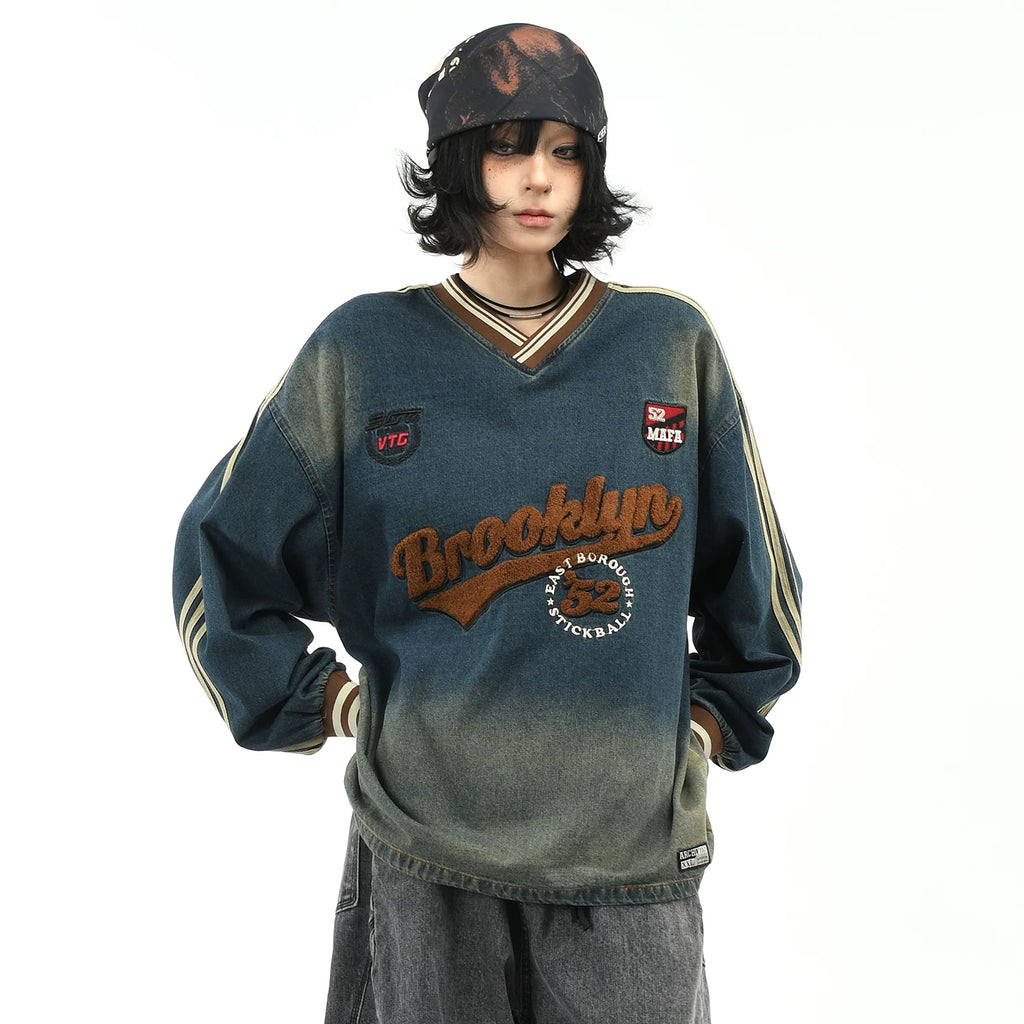 OV original/American college style V-neck washed denim hoodie for men and women, autumn loose towel embroidered retro top trend