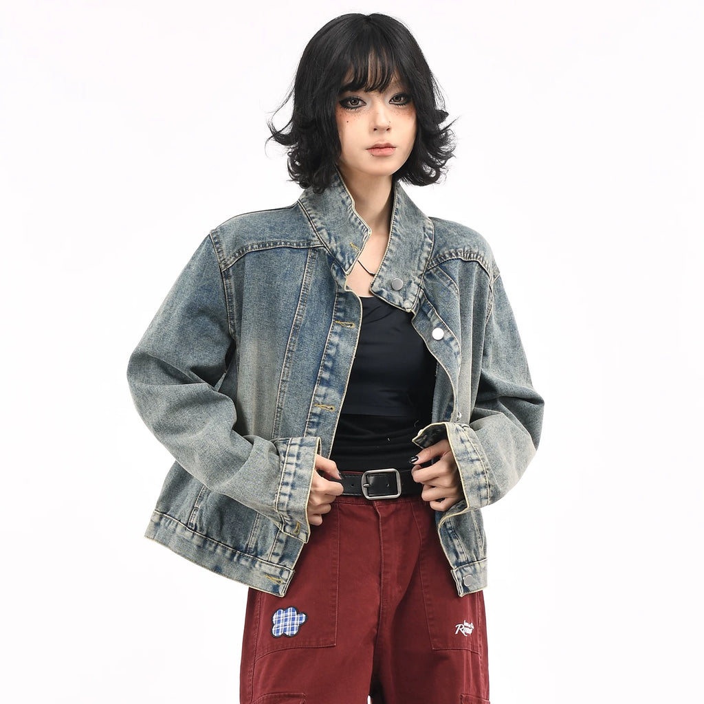 OV original American retro washed vintage denim jacket for women in autumn, loose fit, small stature, slimming short jacket trend