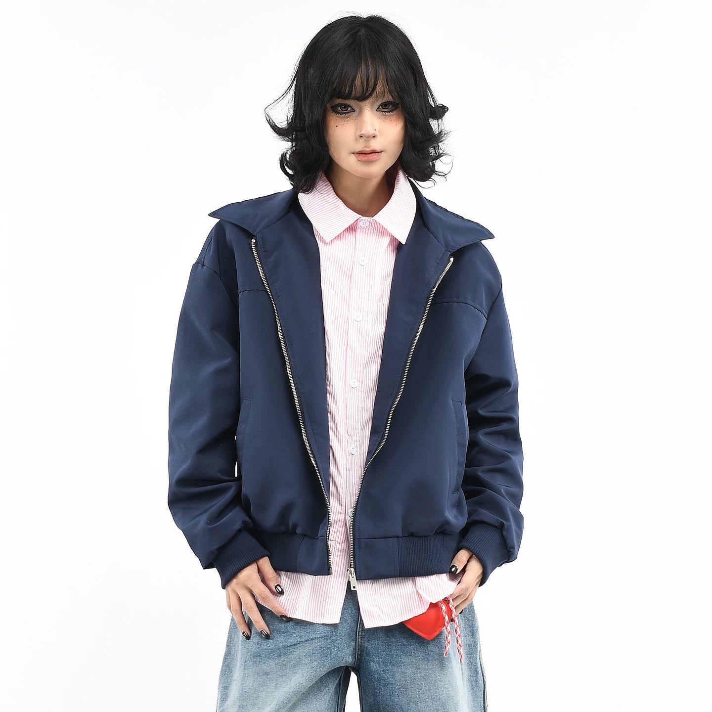OV original American striped fake two-piece spliced lapel jacket for women, autumn street loose casual workwear jacket for men