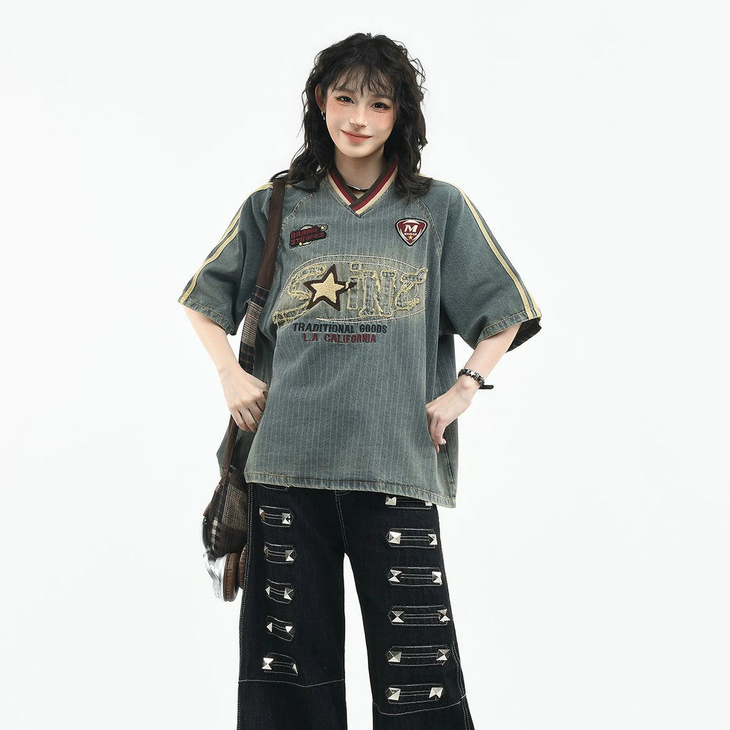 OV original American retro fringed embroidered V-neck short sleeved T-shirt for women in summer, loose and worn washed denim top for men