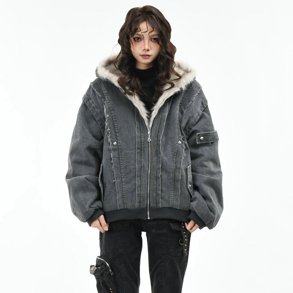 OV Original American Deconstructed Edge Splicing Used Cotton Jacket for Women Winter Seat Mountain Carving Loose Hooded Cotton Jacket for Men