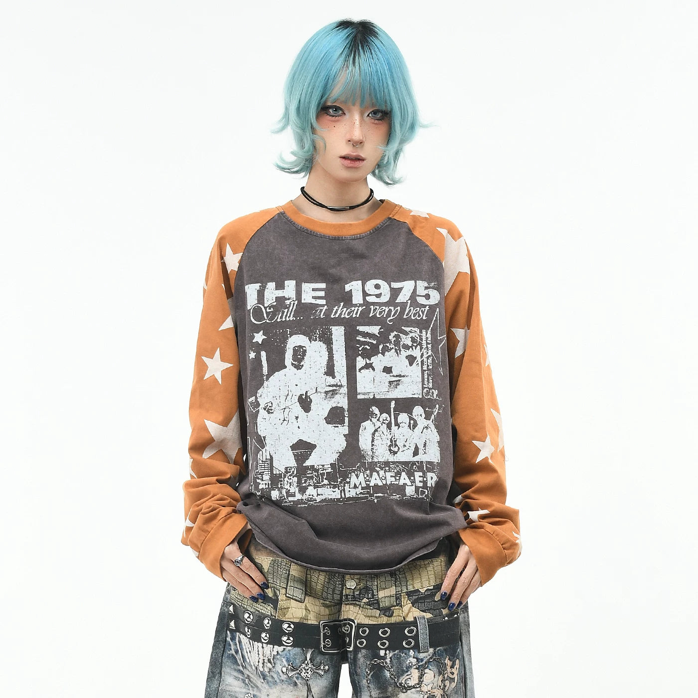 OV original/American hip-hop rock band printed long sleeved T-shirt for women in autumn, loose fitting raglan sleeves, vintage top for men