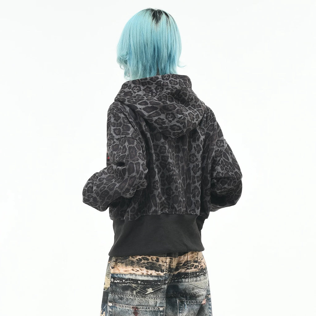 OV original American retro leopard print waist cinched hooded cardigan sweatshirt women's autumn loose zipper short style slimming jacket