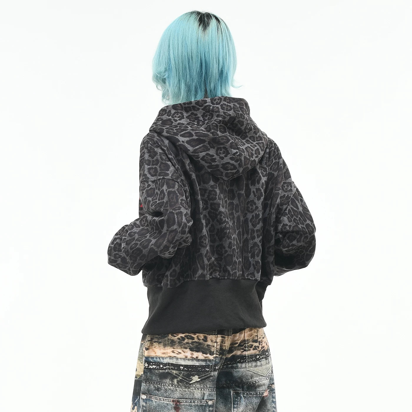 OV original American retro leopard print waist cinched hooded cardigan sweatshirt women's autumn loose zipper short style slimming jacket