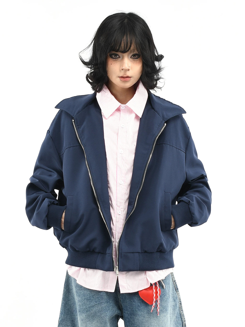 OV original American striped fake two-piece spliced lapel jacket for women, autumn street loose casual workwear jacket for men