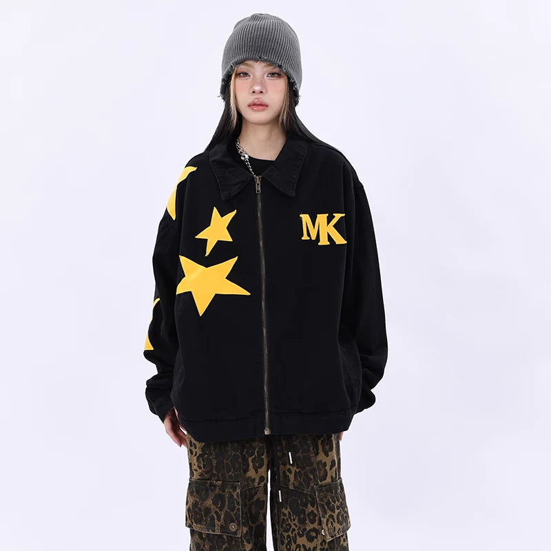 OV Original Spring and Autumn High Street Retro Star Patch Embroidered Vintage Washed Cowboy Jacket Men's and Women's Loose Jacket Trendy