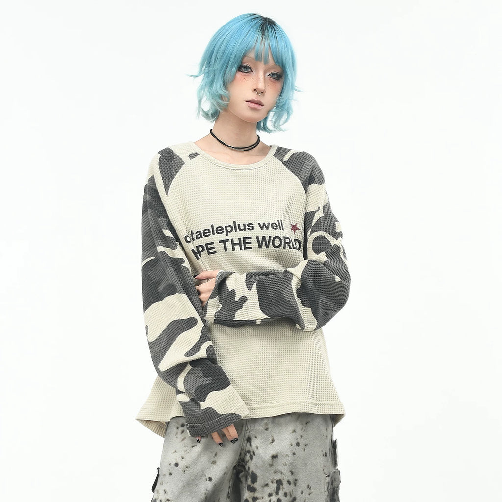 OV original/American camouflage raglan sleeve contrasting long sleeved T-shirt for men and women in autumn Boxy short and wide waffle top trend