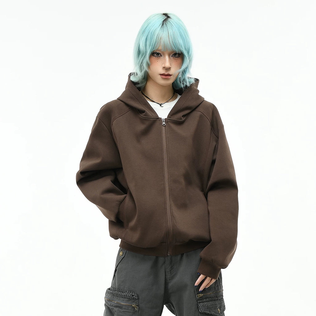 OV original American minimalist style solid color hooded sweatshirt for men and women autumn loose short zipper cardigan casual jacket