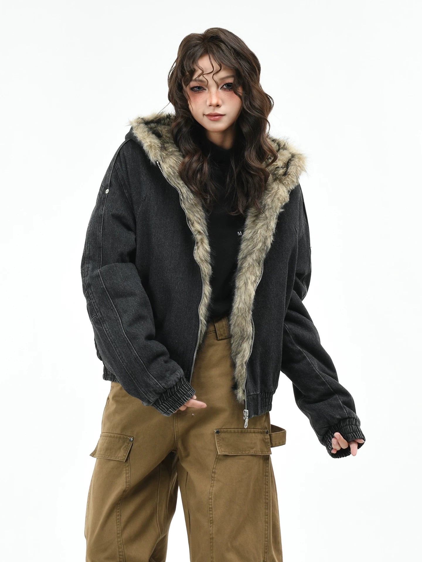 OV original American retro silhouette washed denim cotton jacket for women, winter seat mountain carving thick hooded cotton jacket for men