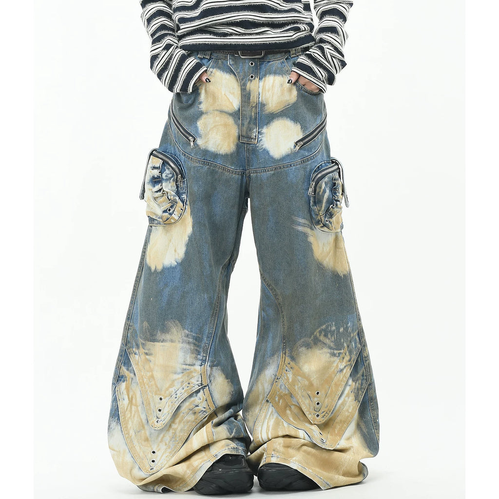 OV original street style heavyweight vintage dirty dye curved knife jeans for men and women loose wide leg deconstruction floor length pants