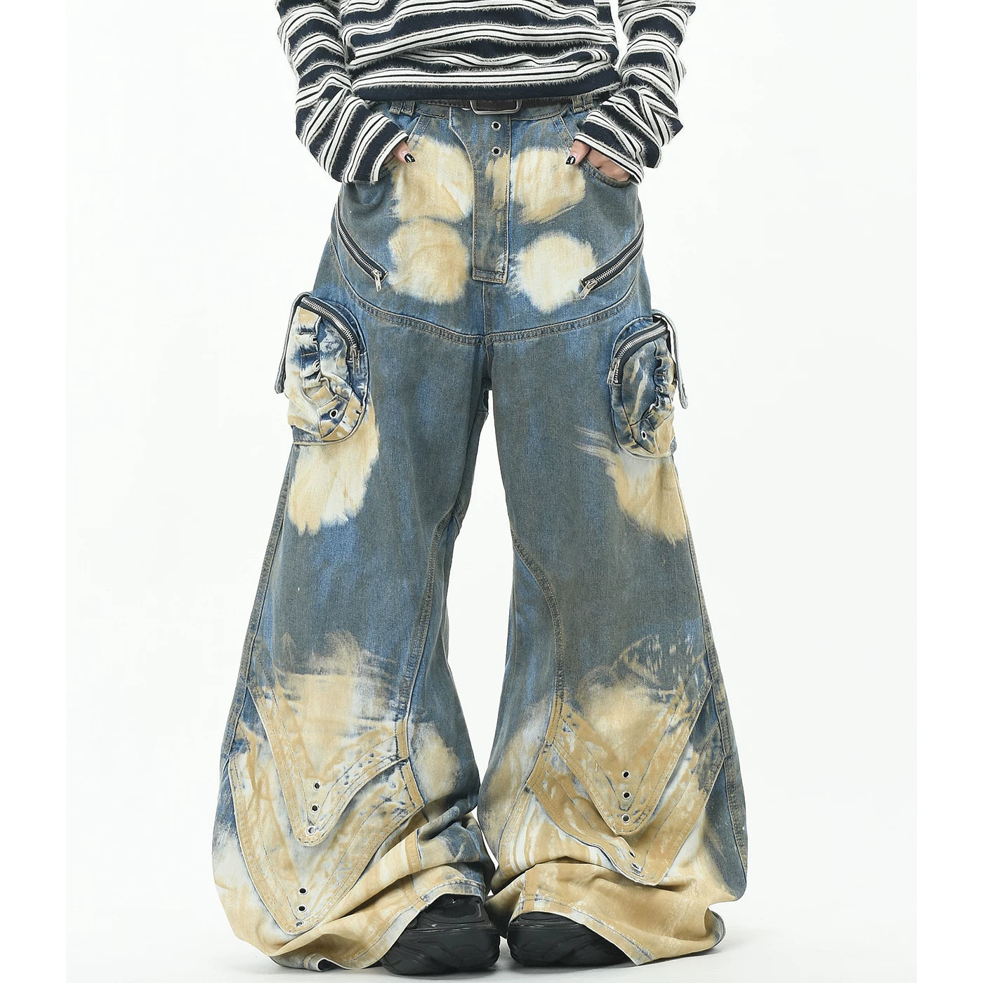 OV original street style heavyweight vintage dirty dye curved knife jeans for men and women loose wide leg deconstruction floor length pants