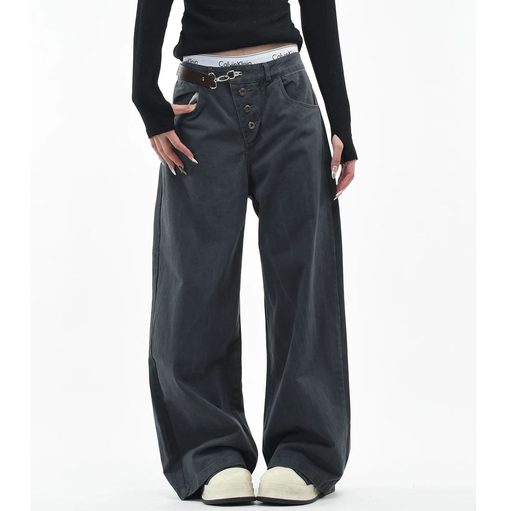 OV original American retro buckle design washed work pants for men and women niche design loose wide leg casual pants