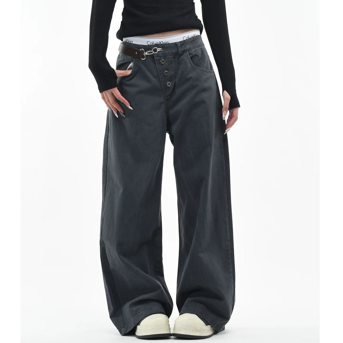 OV original American retro buckle design washed work pants for men and women niche design loose wide leg casual pants