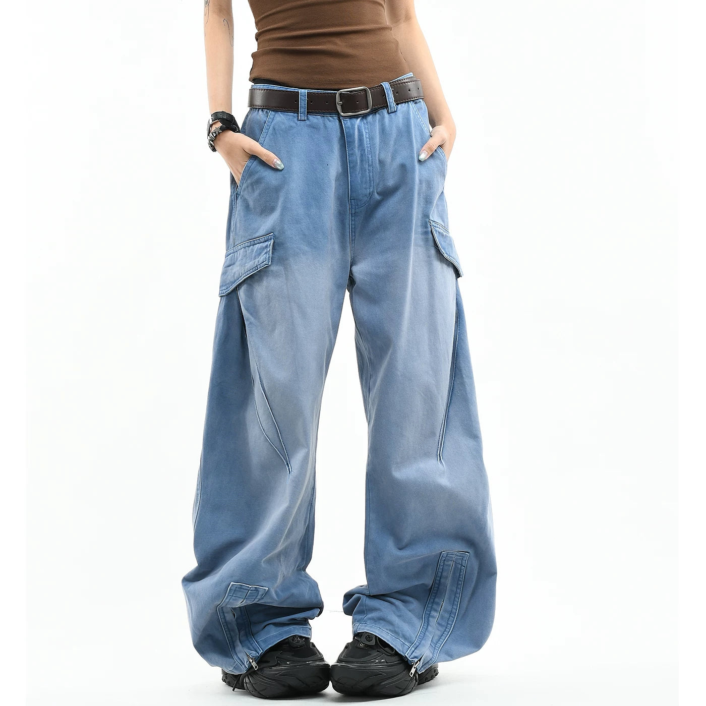 OV original American functional deconstruction splicing to make old washed casual pants for men and women loose wide leg pleated work pants trendy