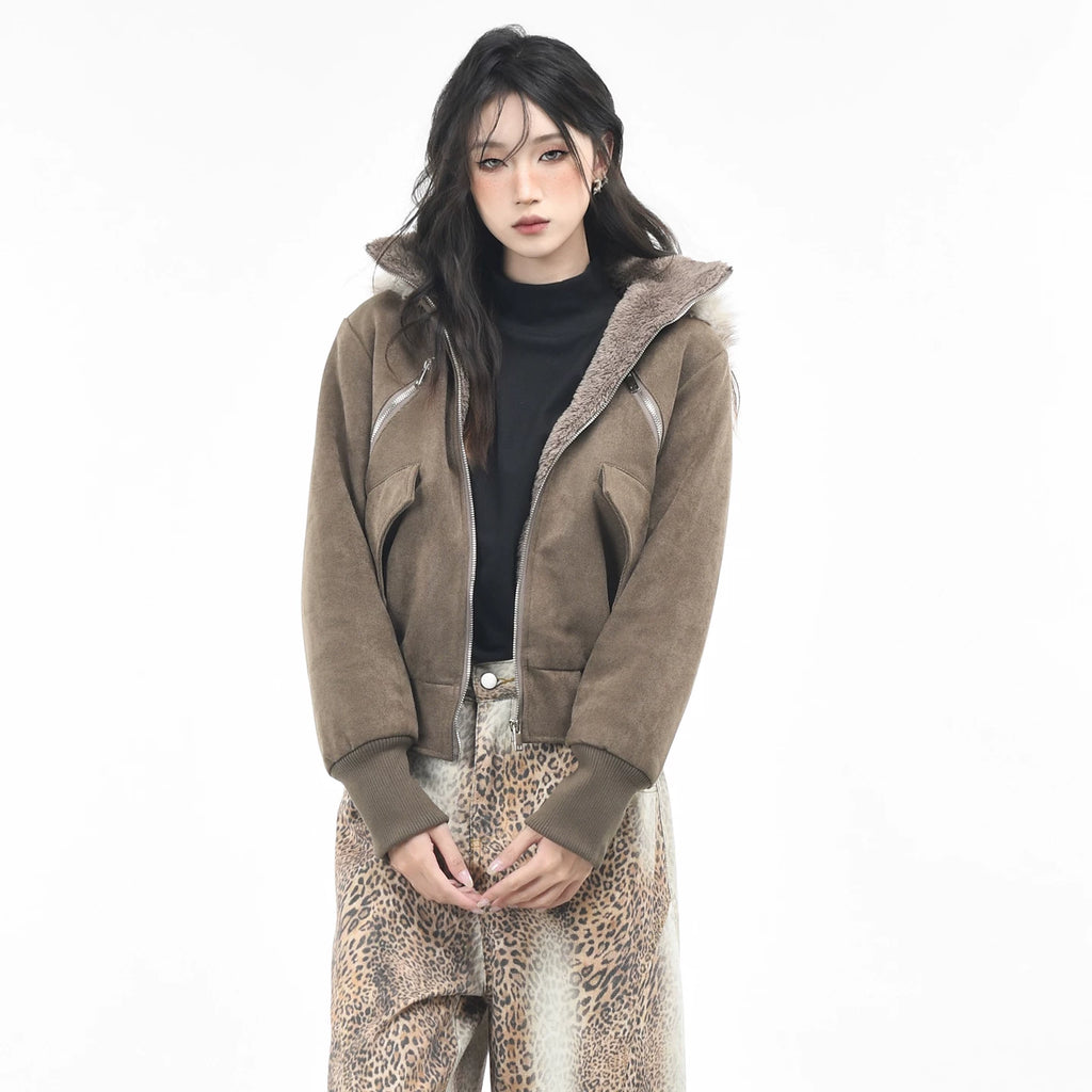 OV original American retro fur collar design with thick fleece hooded jacket for women's winter short, slim and warm cotton jacket