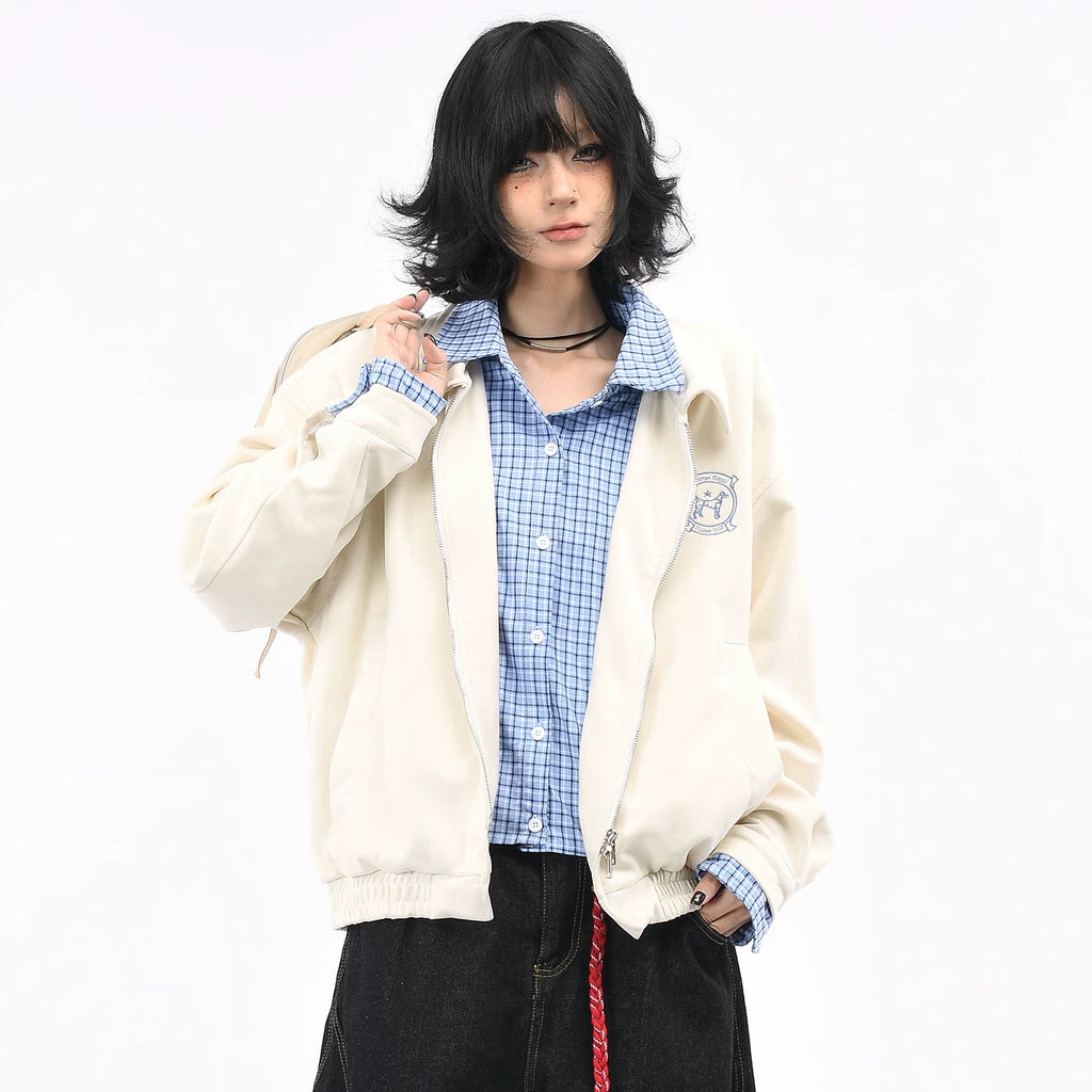 OV original American retro checkered fake two-piece spliced suede jacket for women's autumn loose casual jacket for men's fashion