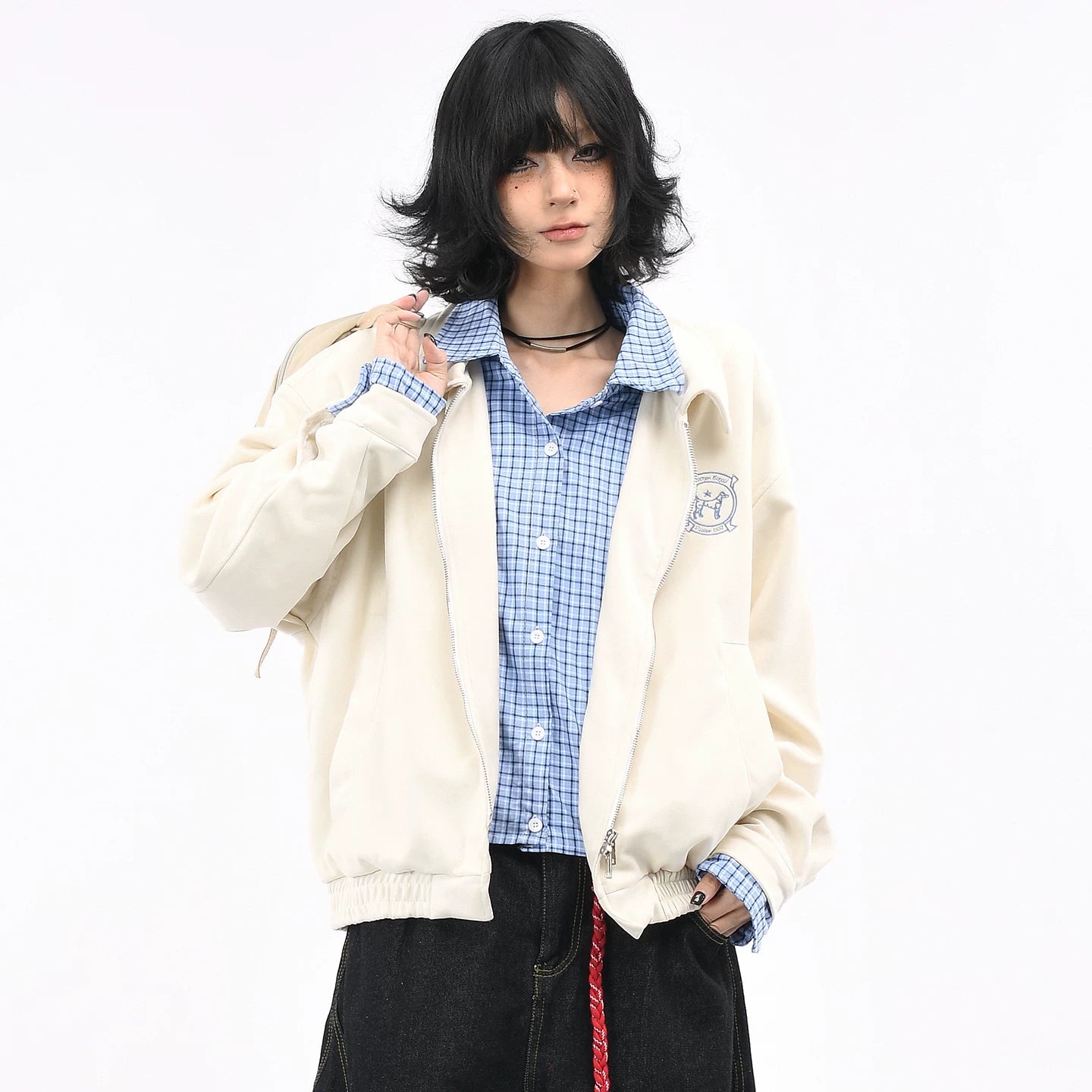 OV original American retro checkered fake two-piece spliced suede jacket for women's autumn loose casual jacket for men's fashion