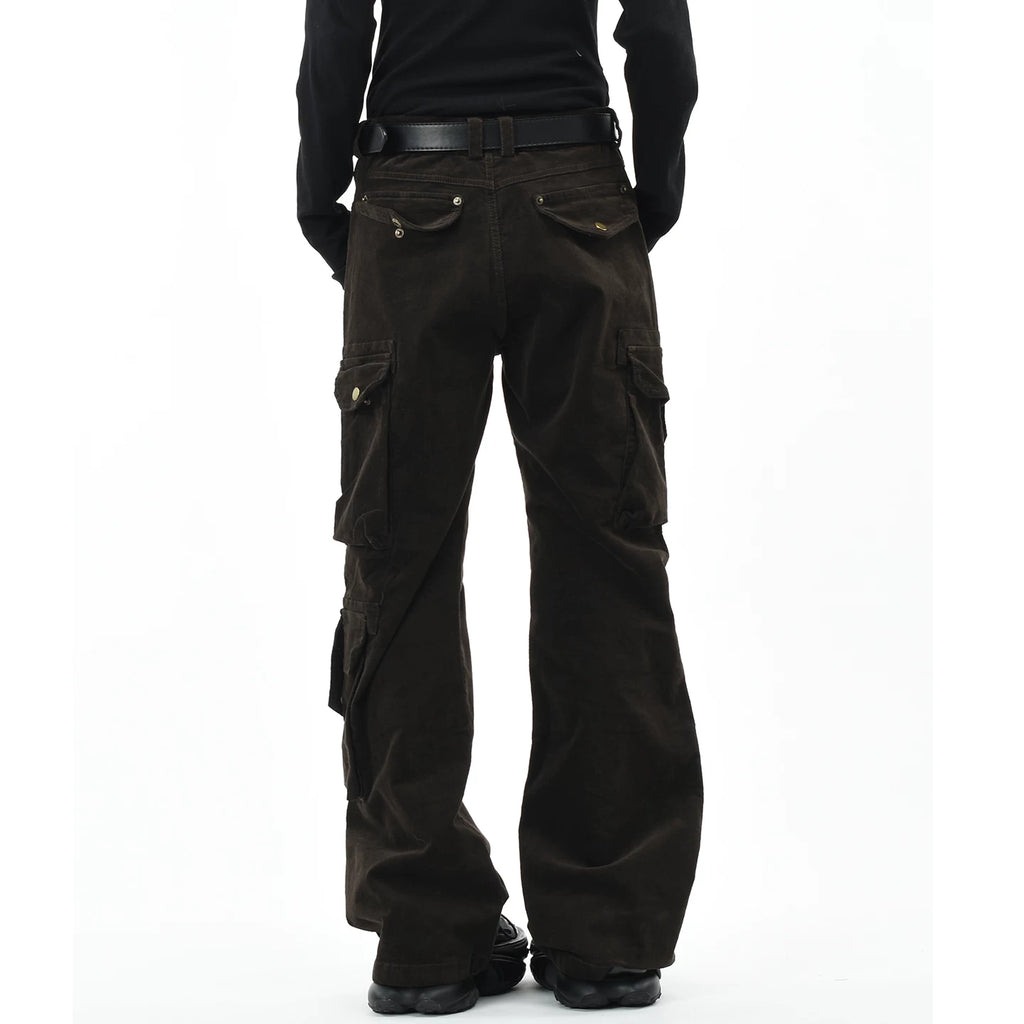 OV original American retro corduroy distressed micro flared casual pants for men and women slim fit multi pocket workwear pants trendy
