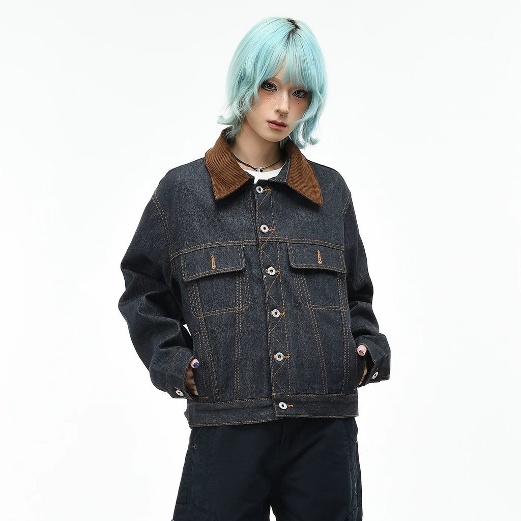 OV original retro Barn style contrasting collar denim jacket, men's and women's autumn loose short, original cowhide workwear jacket