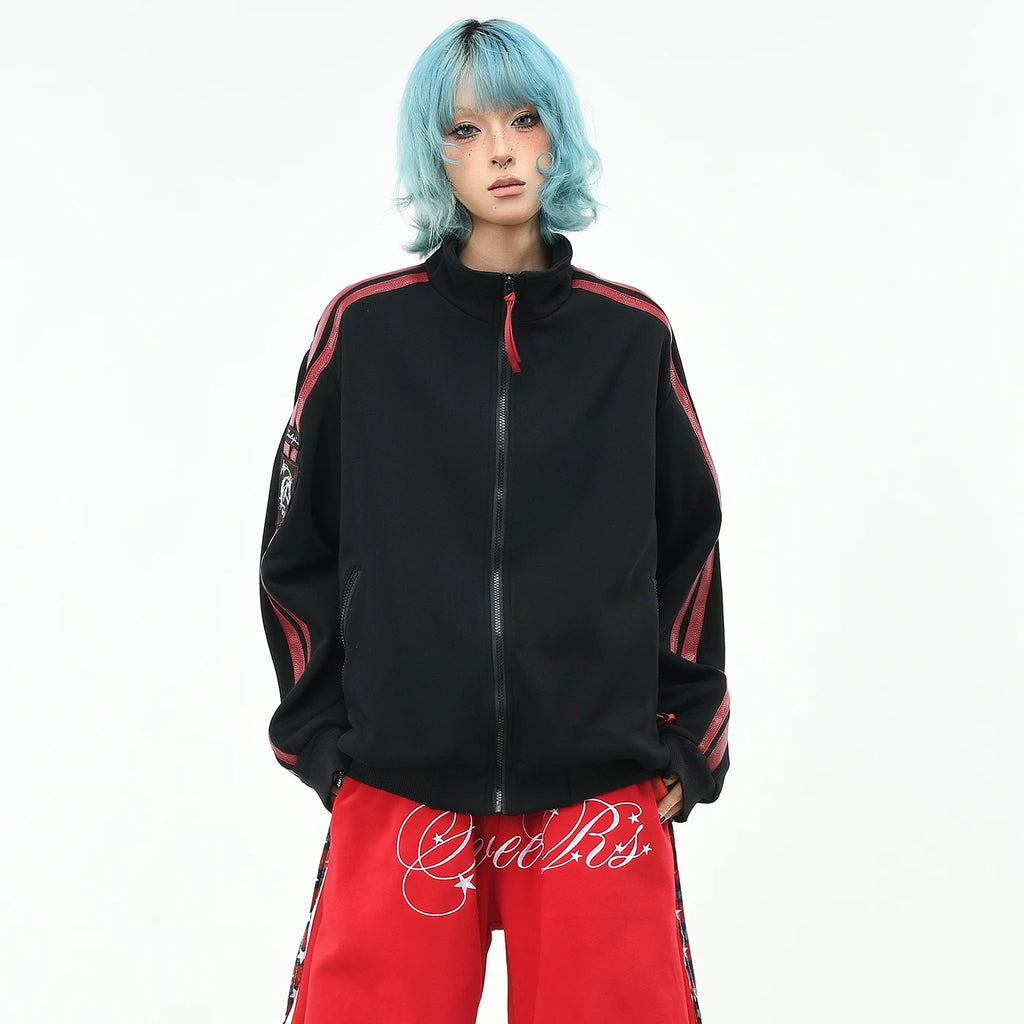 OV Original American Retro Sports Style Stand up Collar Zipper Jacket for Men and Women Autumn Loose Patchwork Embroidered Short Coat