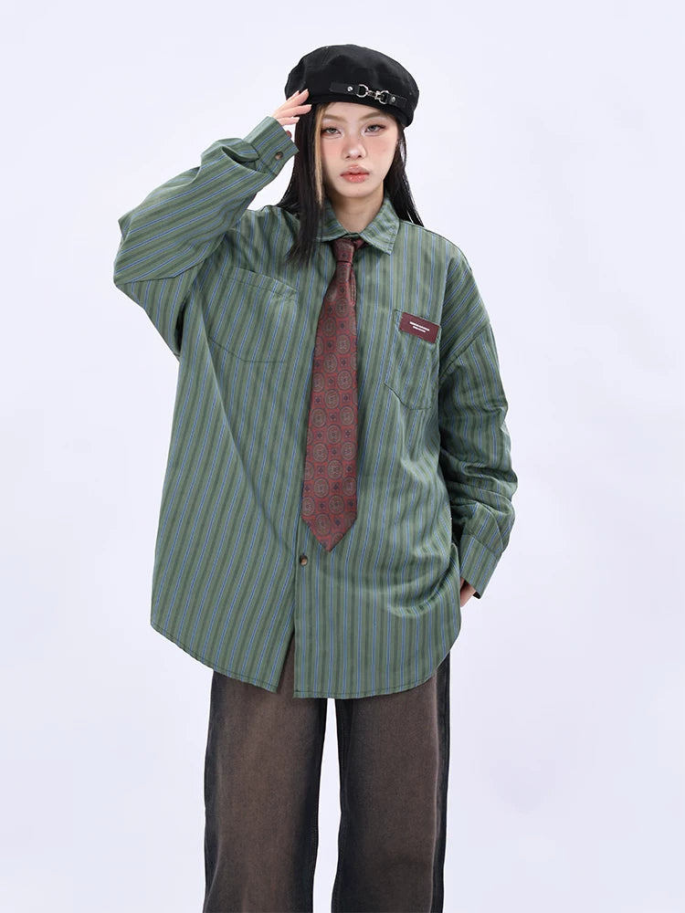 OV Original Spring and Autumn High Street Retro Vertical Stripe Long Sleeve Shirt for Men and Women BF Loose Couple Hong Kong Style Flip Collar Shirt Trendy