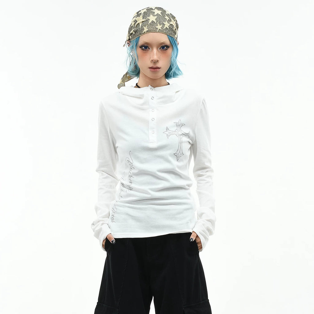 OV original/subculture Henry collar hooded long sleeved T-shirt for women's autumn slim fit short cross print top trend