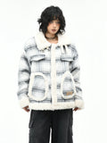 OV Original American Retro Checkered Lamb Fleece Collar Coat for Women in Winter, Loose and Warm, Cotton Jacket with Velvet, Cotton Jacket for Men