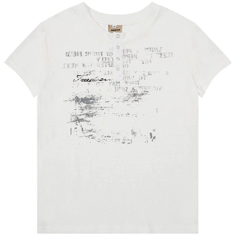 OV original/light Asian style letter graffiti shoulder short sleeved T-shirt for women's summer slim fit short style Henry collar American top