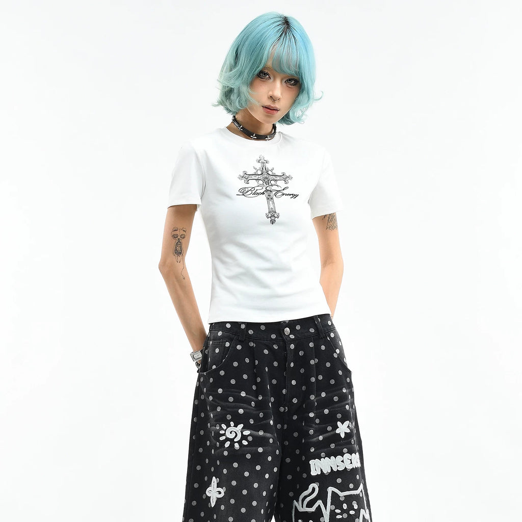 OV original/American style spicy girl cross print short sleeved T-shirt for women's summer slim fit short cut, slimming up straight shoulder top