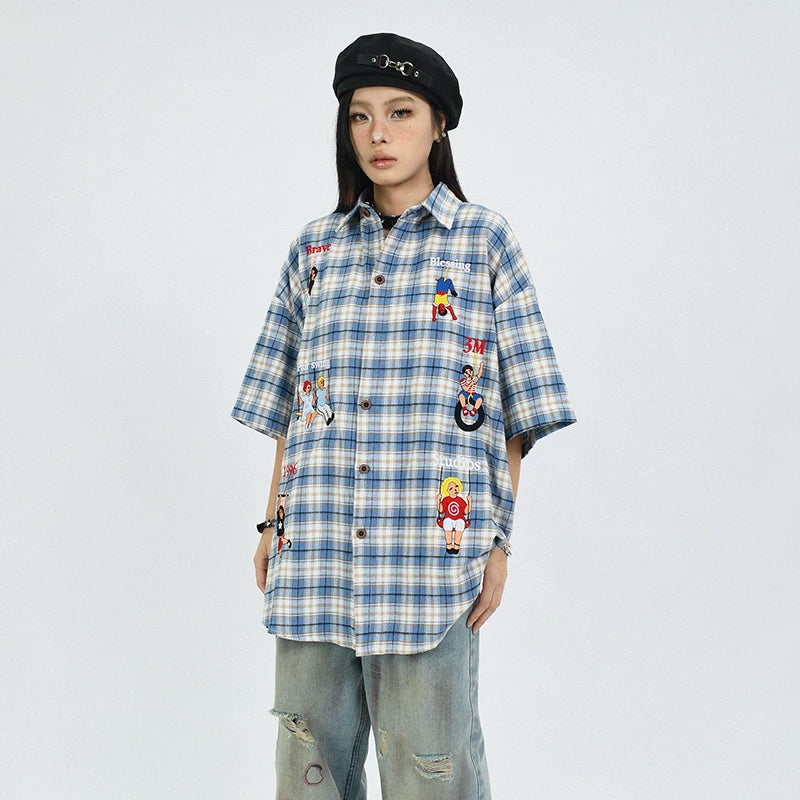 OV original summer American retro checkered cartoon embroidered short sleeved shirt for men and women, niche loose and versatile shirt trend