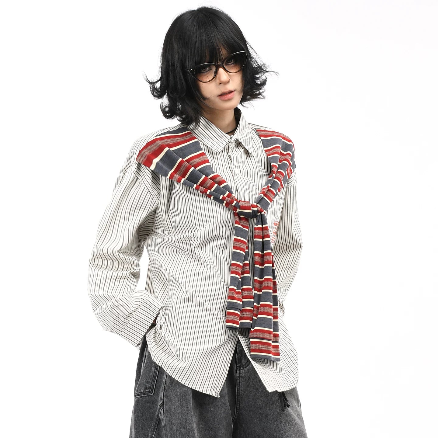 OV original American retro striped shawl design long sleeved shirt for men and women autumn street loose casual shirt trend