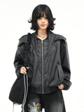 OV original American deconstruction splicing functional style PU leather jacket for women, autumn high-end feeling, wide loose neck jacket for men