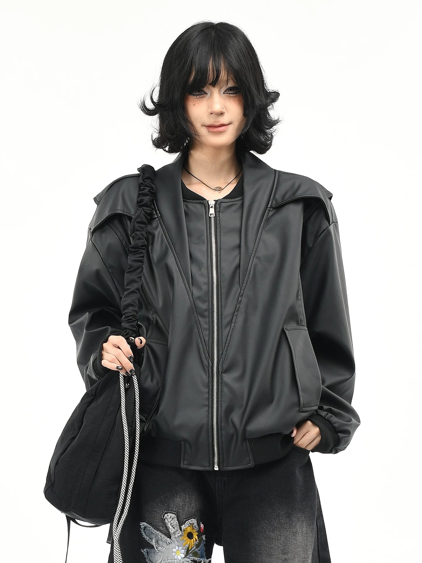 OV original American deconstruction splicing functional style PU leather jacket for women, autumn high-end feeling, wide loose neck jacket for men