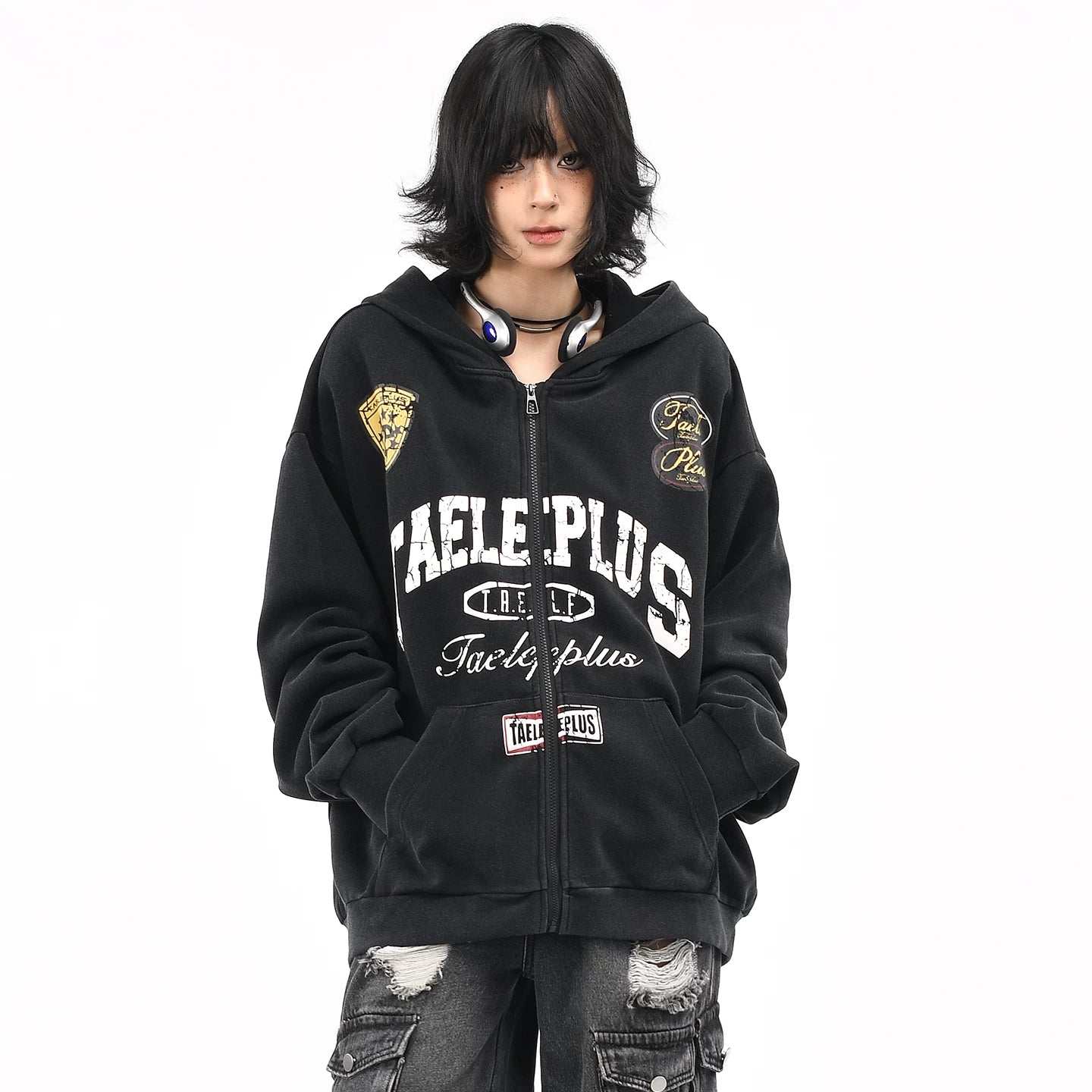 OV original American racing style vintage washed hooded sweatshirt for men and women autumn loose casual cardigan zipper jacket
