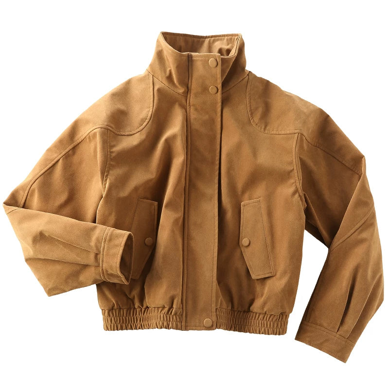 OV original American retro modern leather velvet silhouette warm jacket for women's winter loose short workwear cotton jacket