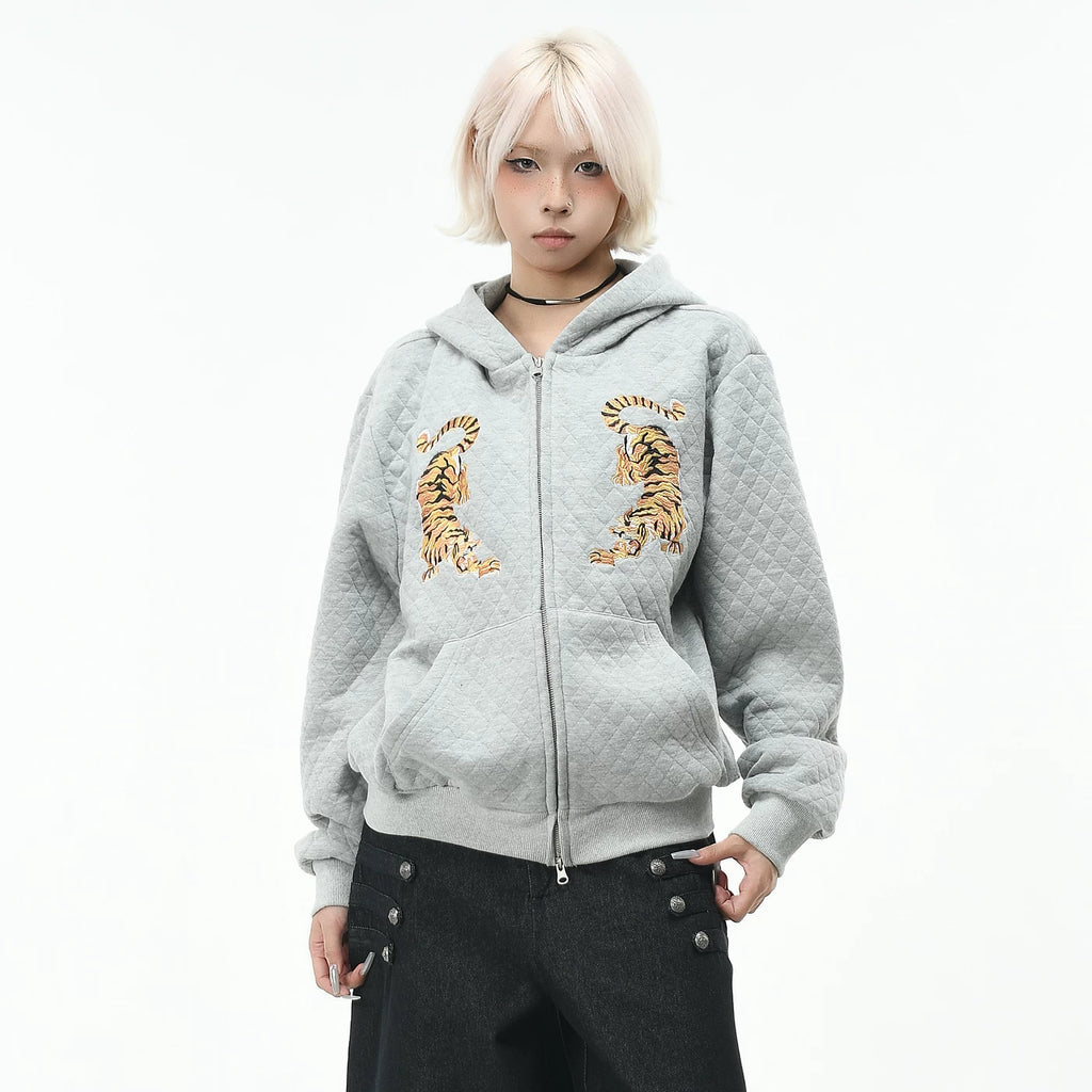 OV Original Trendy Brand Tiger Embroidery Diamond Grid Hoodie for Men and Women Autumn Street Loose Zipper cardigan Coat