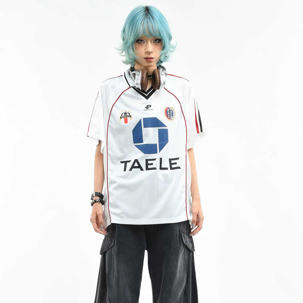 OV original American retro contrasting color jersey sports short sleeved T-shirt women's summer loose V-neck casual couple top men